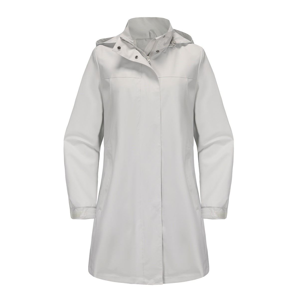 Light gray hooded long rain jacket with front zipper and snap button storm flap.