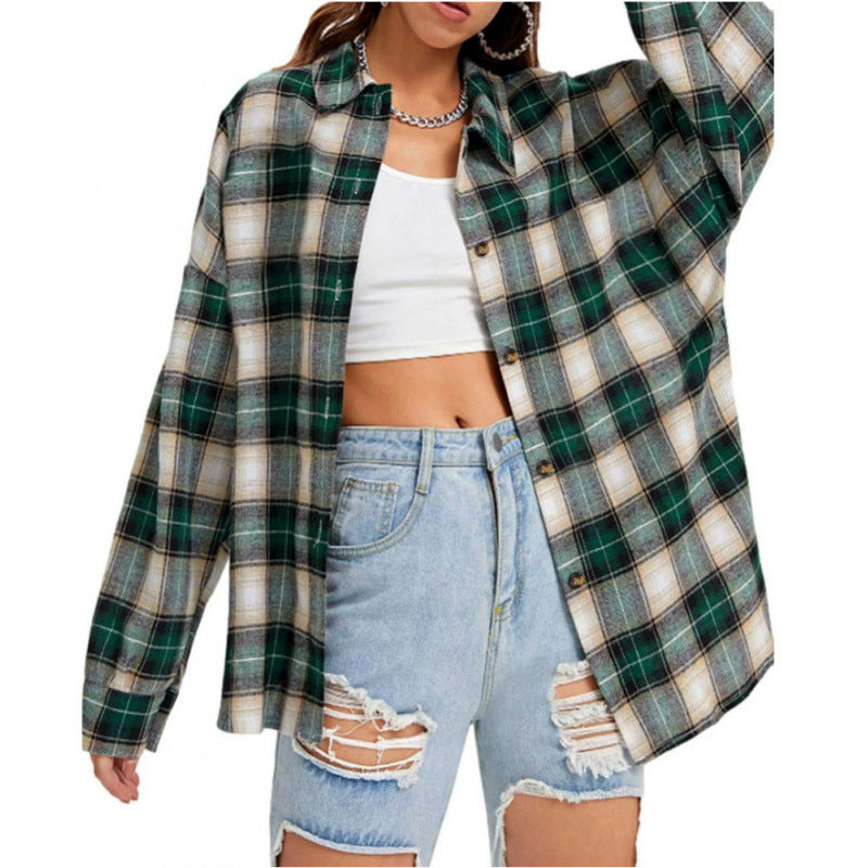 Plaid button-down shirt in green and cream, oversized fit with front buttons