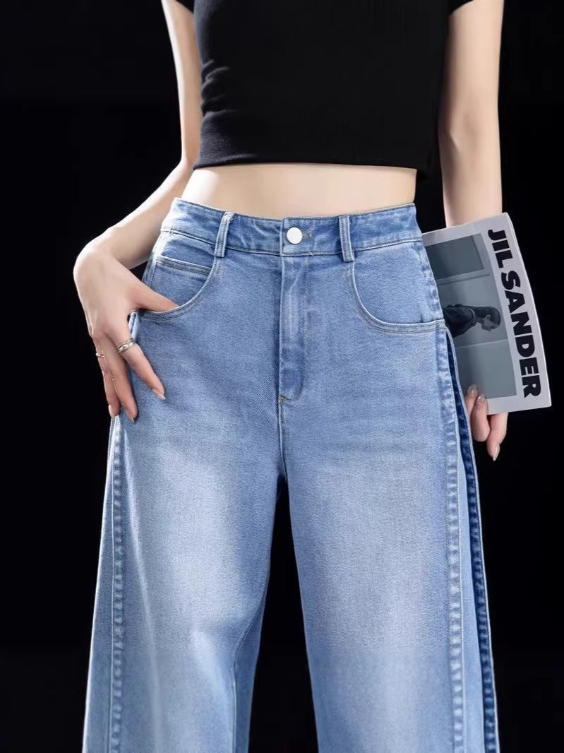 Light blue high-waisted wide-leg jeans with button fly and side pockets