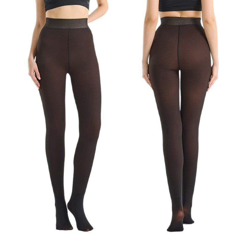 High-waist sheer fleece lined tights in dark brown with black waistband