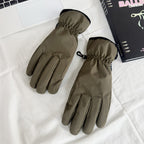 Olive insulated ski gloves with black cuff trim and padded knuckles