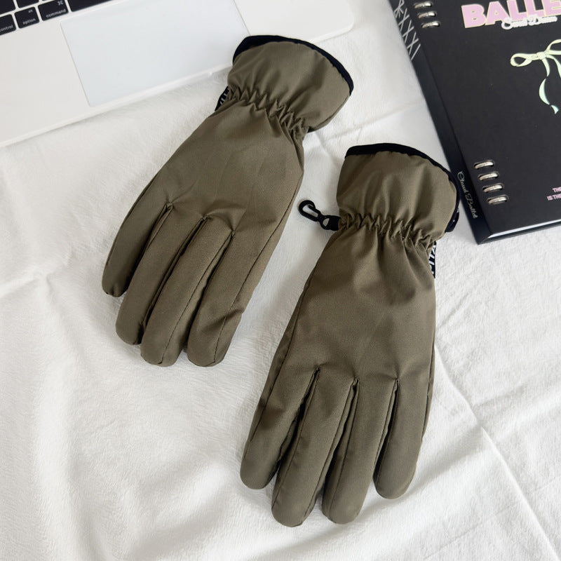 Olive insulated ski gloves with black cuff trim and padded knuckles