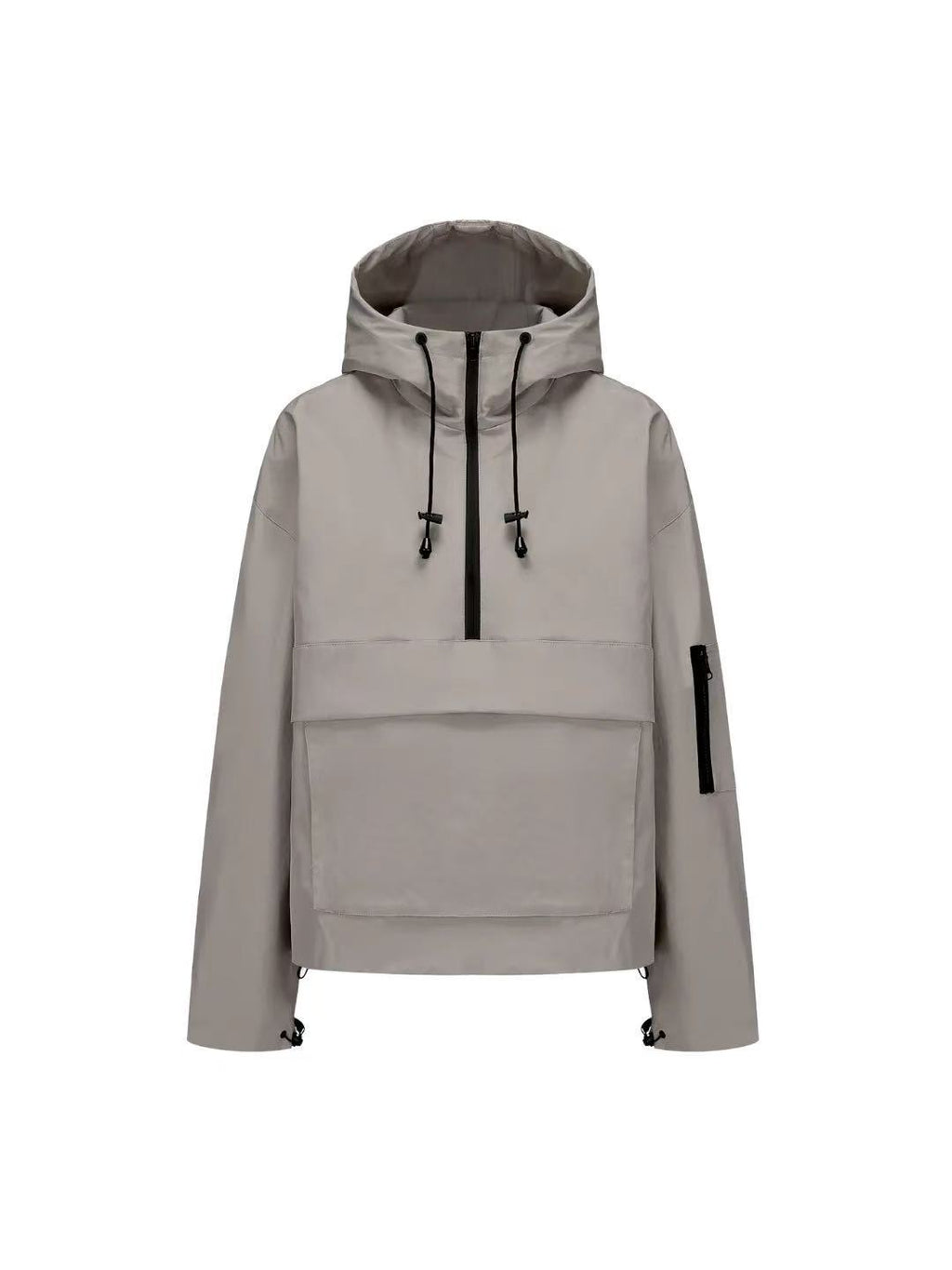 Light gray hooded half-zip anorak jacket in nylon with kangaroo pocket