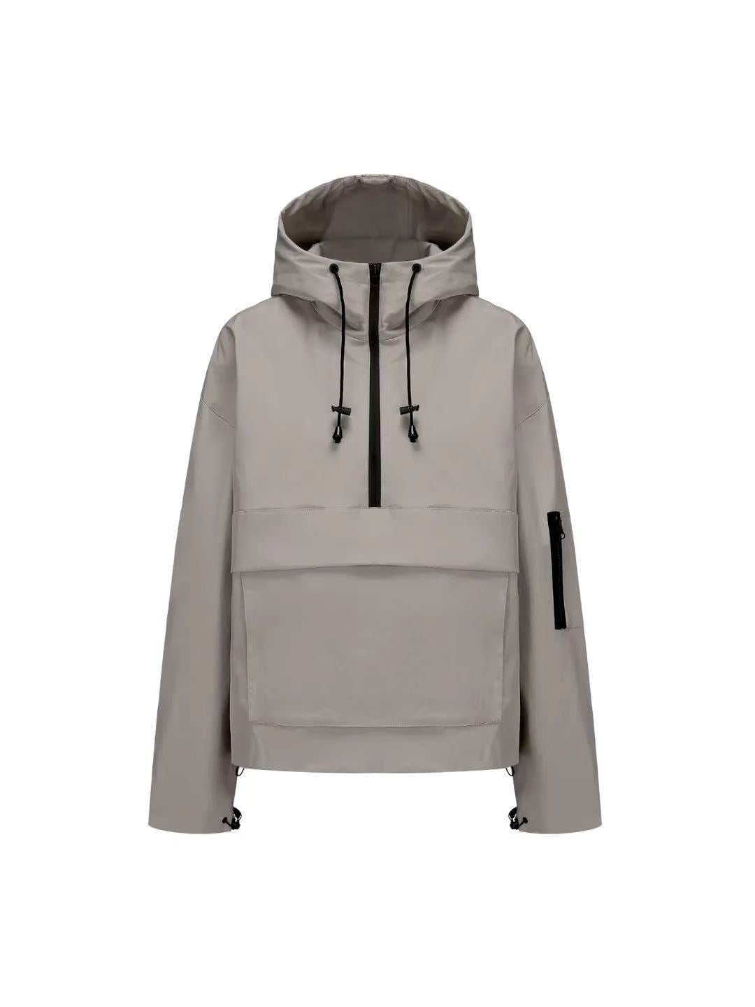 Light gray hooded half-zip anorak jacket in nylon with kangaroo pocket