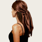 Brown satin head scarf, large square wrap tied in a side bow