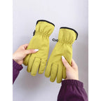 Yellow insulated ski gloves with padded nylon and black cuff trim