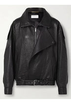 Black leather short motorcycle jacket with double collar, zip front, and belt tabs