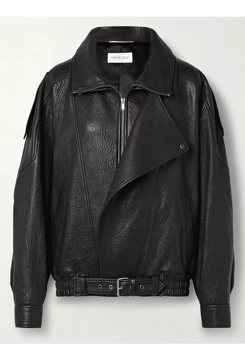 Black leather short motorcycle jacket with double collar, zip front, and belt tabs