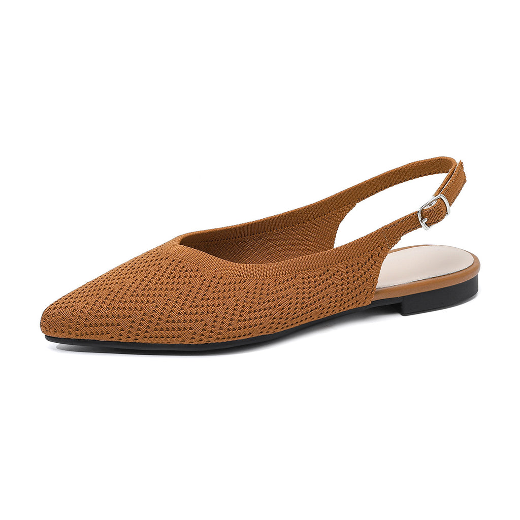 Woven pointed-toe slingback flats, orange-brown, with thick sole and small buckle strap