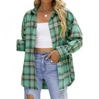 Plaid button-down shirt in green and darker green, oversized fit with front buttons
