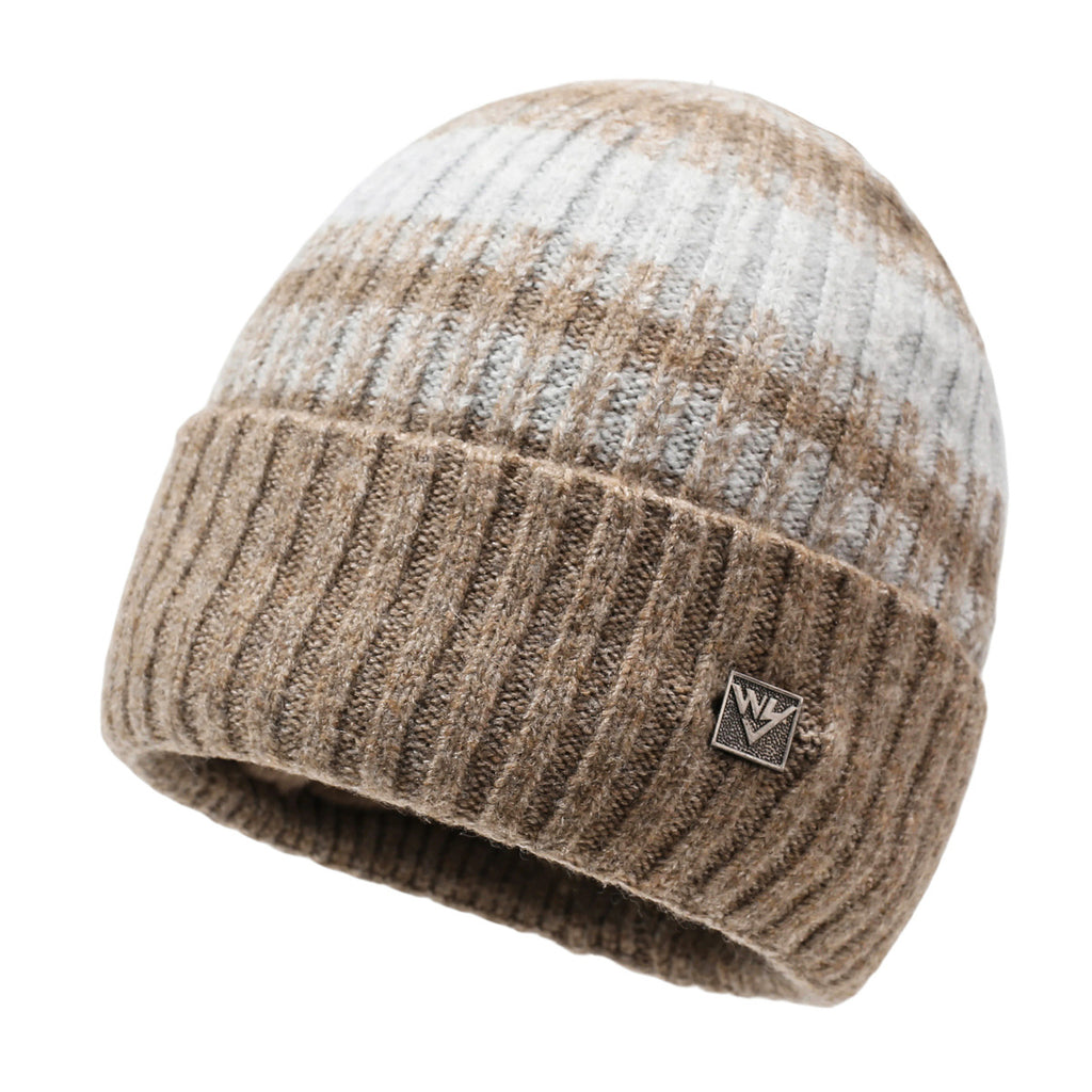 Striped knit beanie in light khaki with darker stripes and metal badge detail