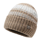 Striped knit beanie in light khaki with darker stripes and metal badge detail