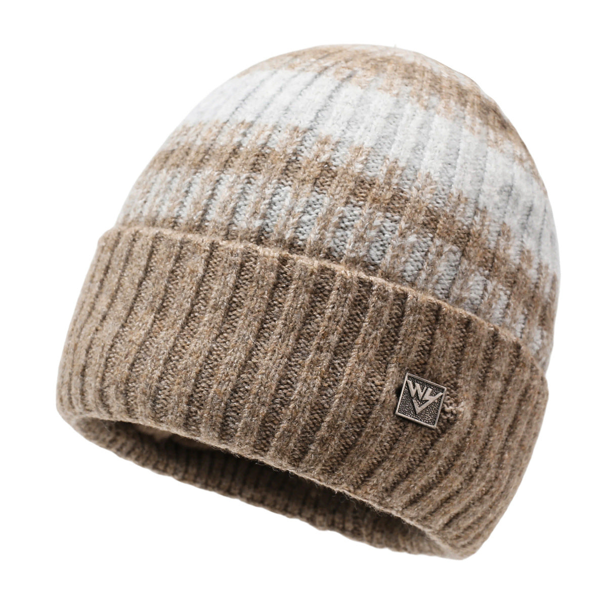Striped knit beanie in light khaki with darker stripes and metal badge detail
