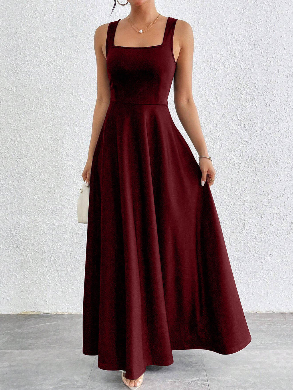 Burgundy sleeveless square-neck maxi dress with gathered waist and flared skirt