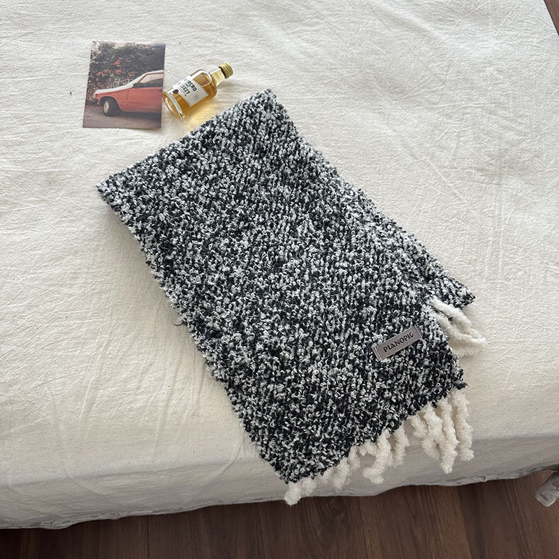 Boucle knit scarf, dark gray with long fringe tassels and woven logo patch