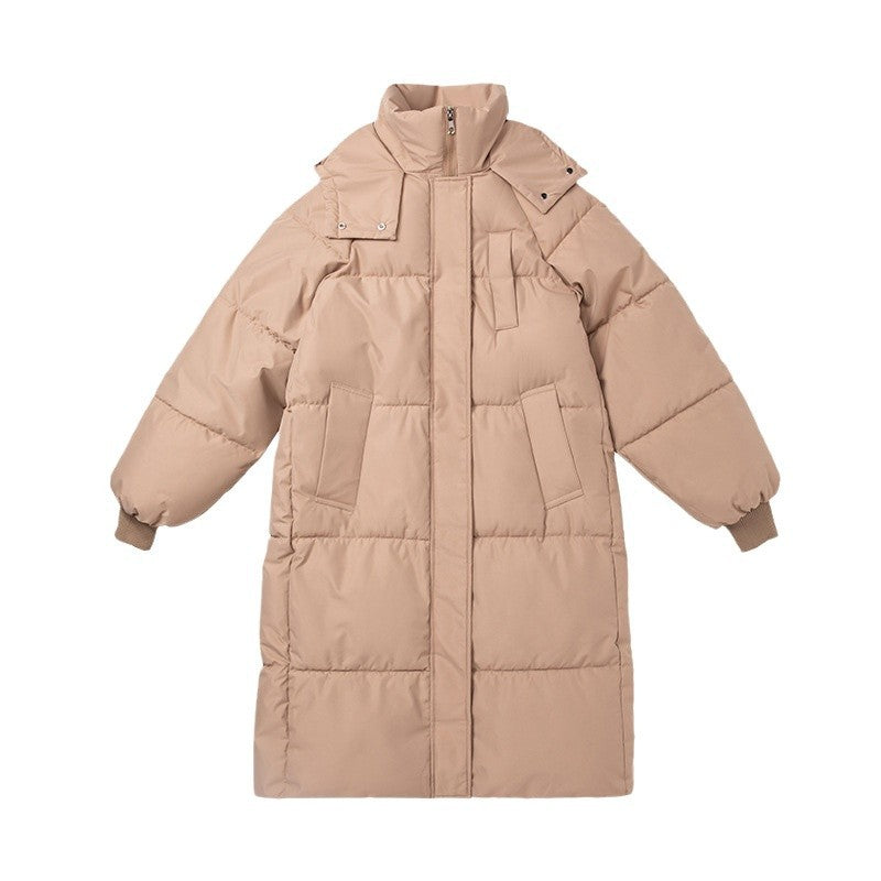 Long hooded puffer coat in light tan with quilted insulation and front zip closure