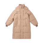 Long hooded puffer coat in light tan with quilted insulation and front zip closure