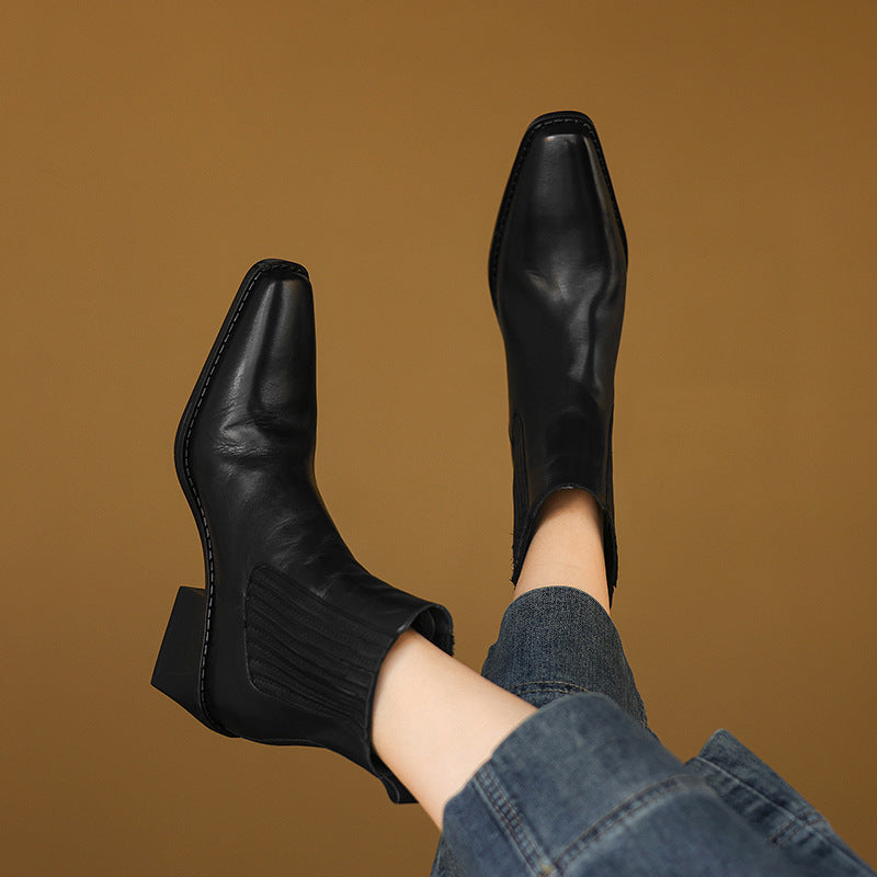 Black square-toe Chelsea pull-on boots with side elastic and block heel