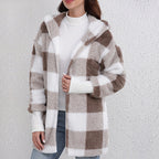 Women’s hooded buffalo-check sherpa jacket, tan-and-brown plaid, full-zip, sherpa fleece