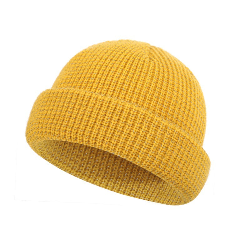 Yellow reflective waffle-knit fisherman beanie with folded cuff