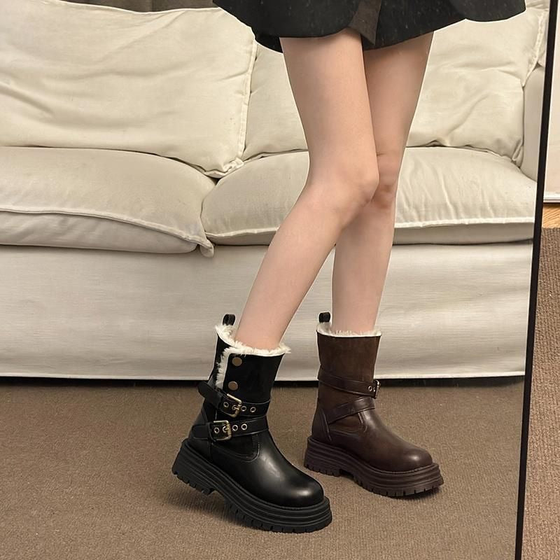 Faux leather winter boots with faux-fur cuff and buckle straps (black and brown)