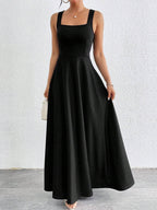 Black sleeveless square-neck long dress with fitted bodice and flared skirt