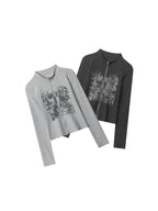 Two long-sleeve zip-up tops: black and light gray, stand collar, distressed print