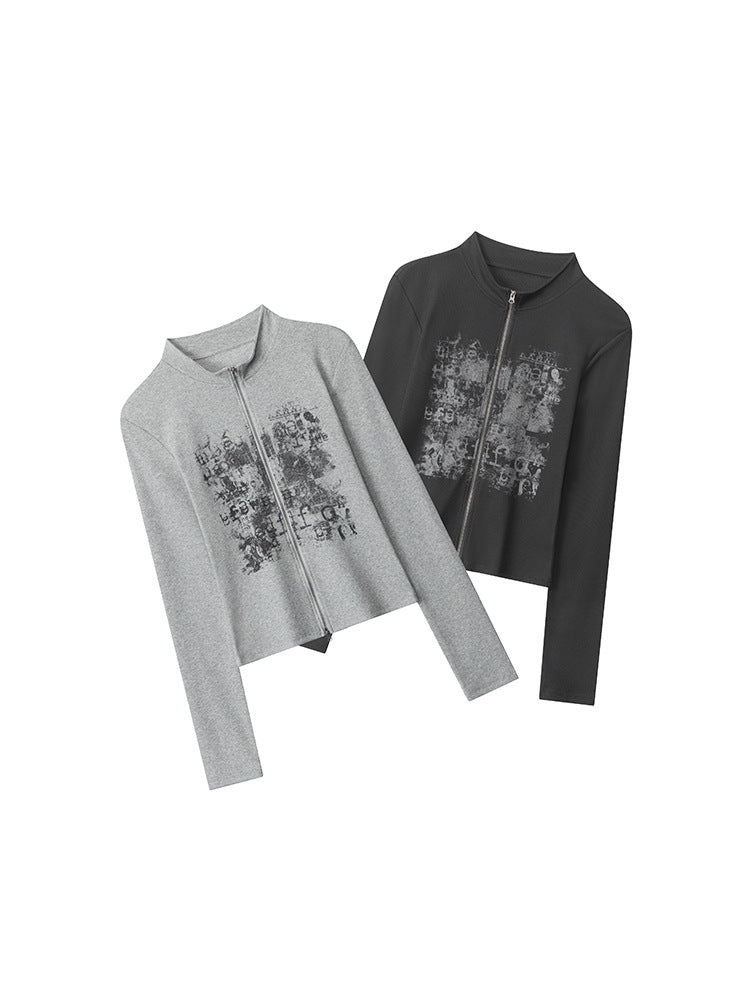 Two long-sleeve zip-up tops: black and light gray, stand collar, distressed print