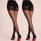 Black sheer back-seam pantyhose with high-waist control top, shown with heels