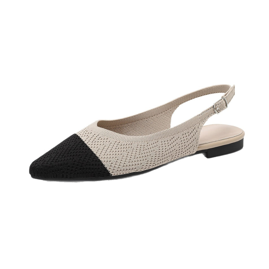 Two-tone woven pointed-toe slingback flats, beige body with black toe, flat thick sole