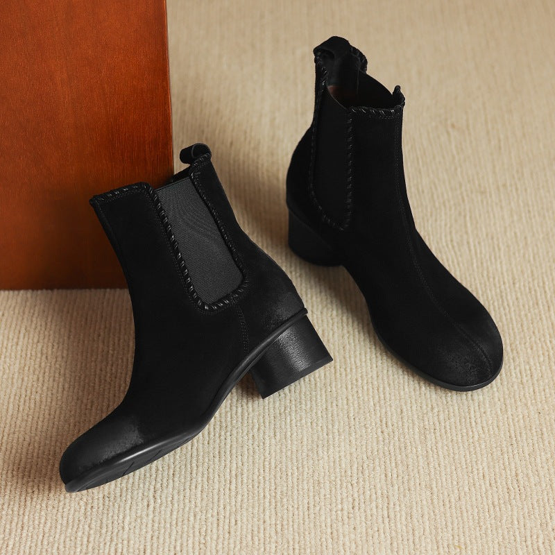 Women’s black suede Chelsea ankle boots with elastic gore and mid block heel