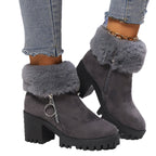 Dark gray ankle booties with faux fur cuff, side zip, chunky block heel, lug sole