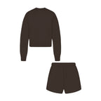Dark brown crew neck sweatshirt and matching drawstring shorts, two-piece lounge set.