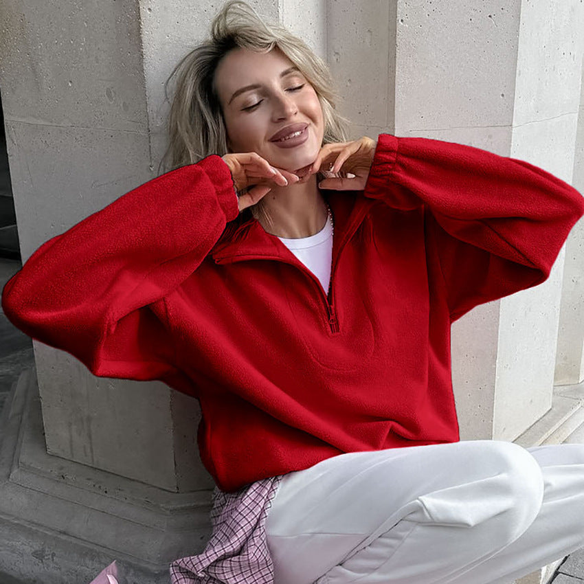 Women's half-zip fleece pullover, red oversized stand collar with quarter zip