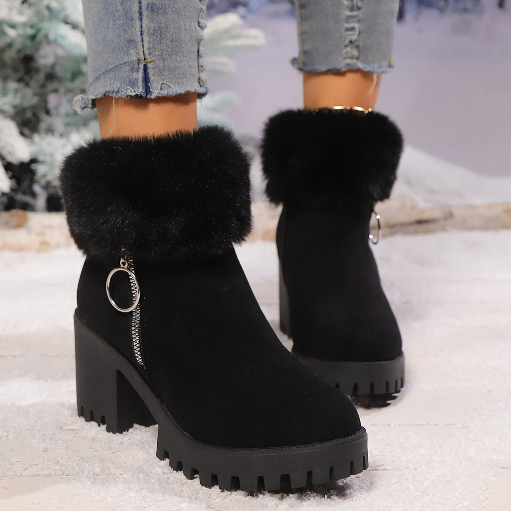 Black ankle boots with faux fur cuff, side zip, chunky block heel, lug sole