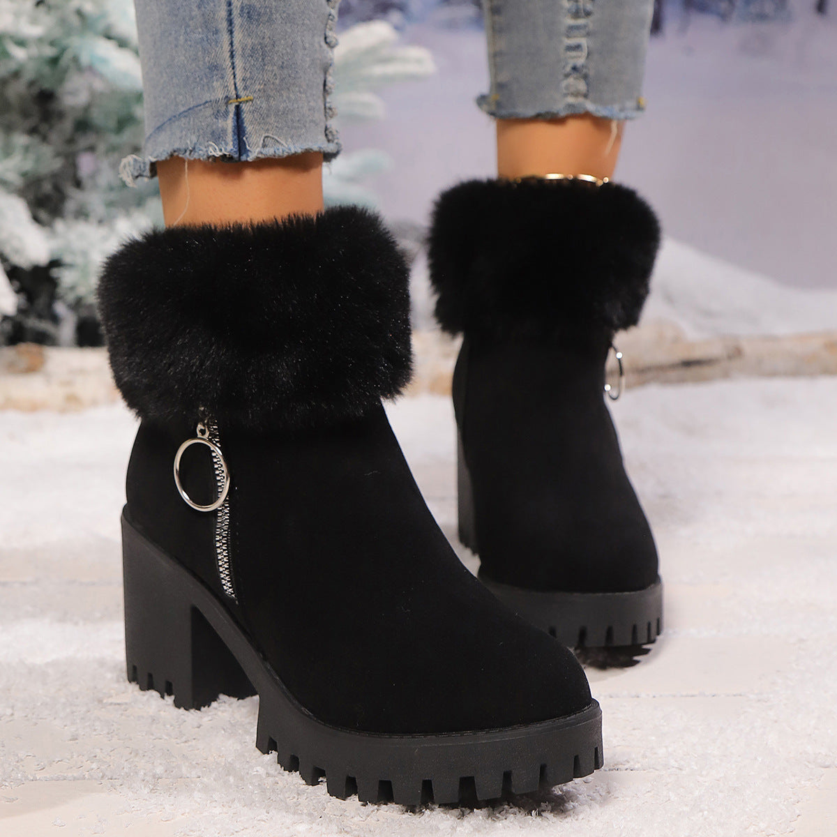 Black ankle boots with faux fur cuff, side zip, chunky block heel, lug sole