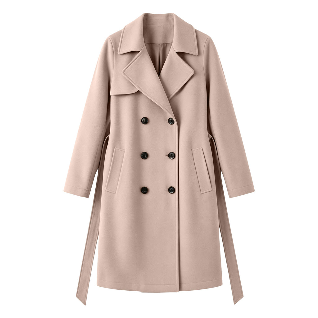 Double-breasted wool-blend overcoat, beige, notched lapels, double-breasted buttons