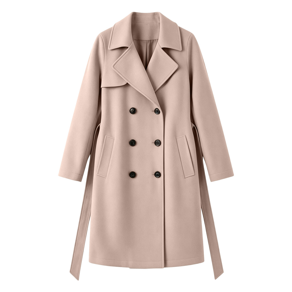 Double-breasted wool-blend overcoat, beige, notched lapels, double-breasted buttons