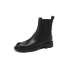 Women’s black leather Chelsea ankle boots, low-profile block heel, pull-on boot