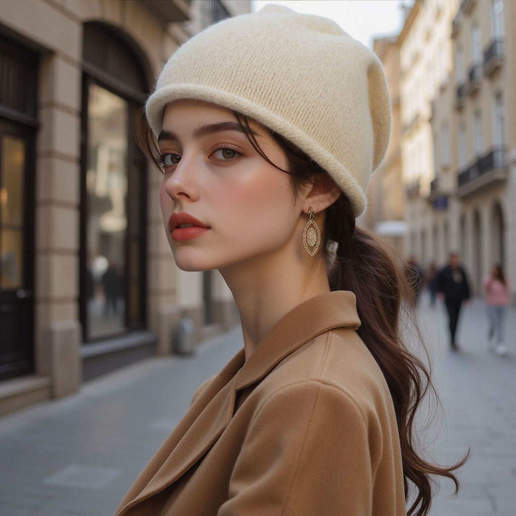 Women’s knitted beanie hat in cream beige, folded cuff and soft knit texture.