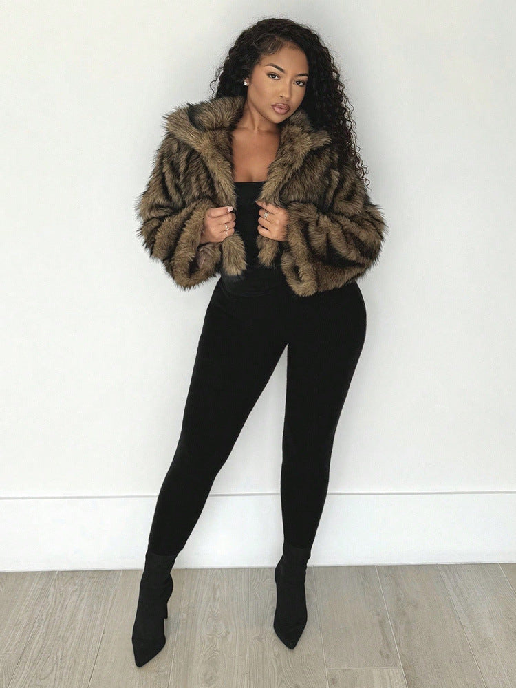 Brown shaggy faux fur cropped jacket with large lapel, open front