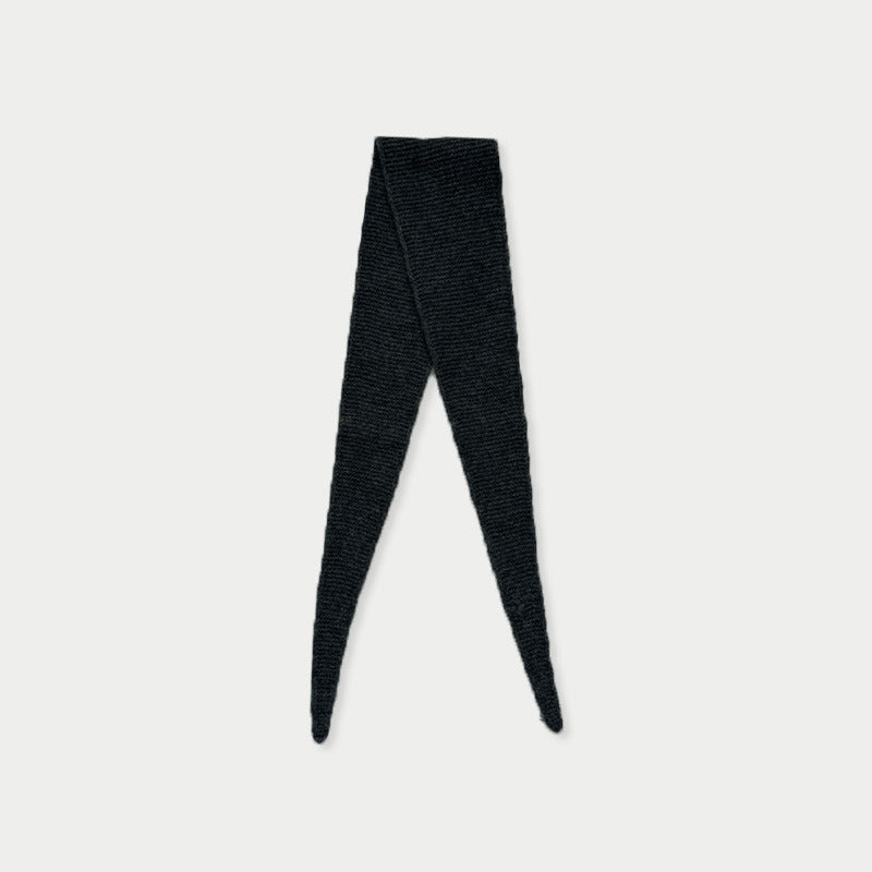 Dark gray wool knit skinny scarf with pointed ends, ribbed knit texture close-up.