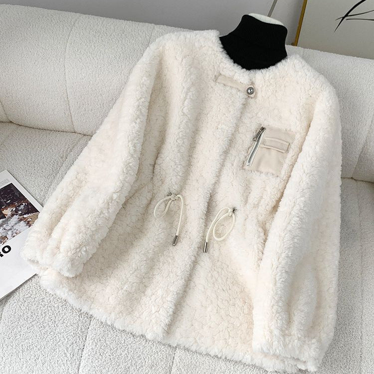 Off-white collarless teddy jacket with long sleeves, drawstring waist, and zip pocket.