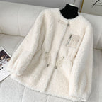 Off-white collarless teddy jacket with long sleeves, drawstring waist, and zip pocket.