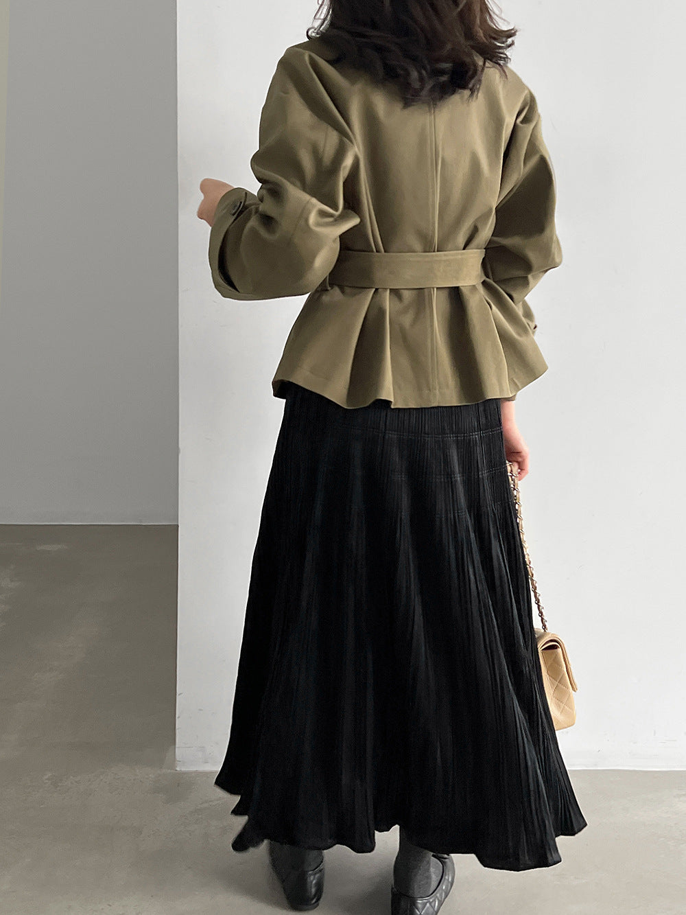 Cropped trench jacket in olive green with belt at waist and full back coverage