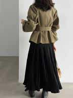 Cropped trench jacket in olive green with belt at waist and full back coverage