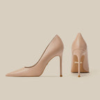 Women’s blush light pink stiletto heels with pointed toe and slender heel, front and back view