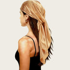 Tan satin head scarf, large square wrap tied at the side