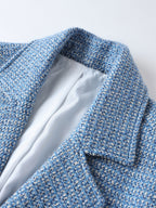 Blue tweed coat with notch lapel, open front, and patch pocket