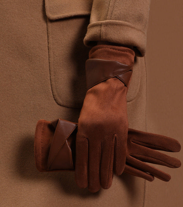 Women’s brown velvet gloves with stitched finger panels and folded cuff